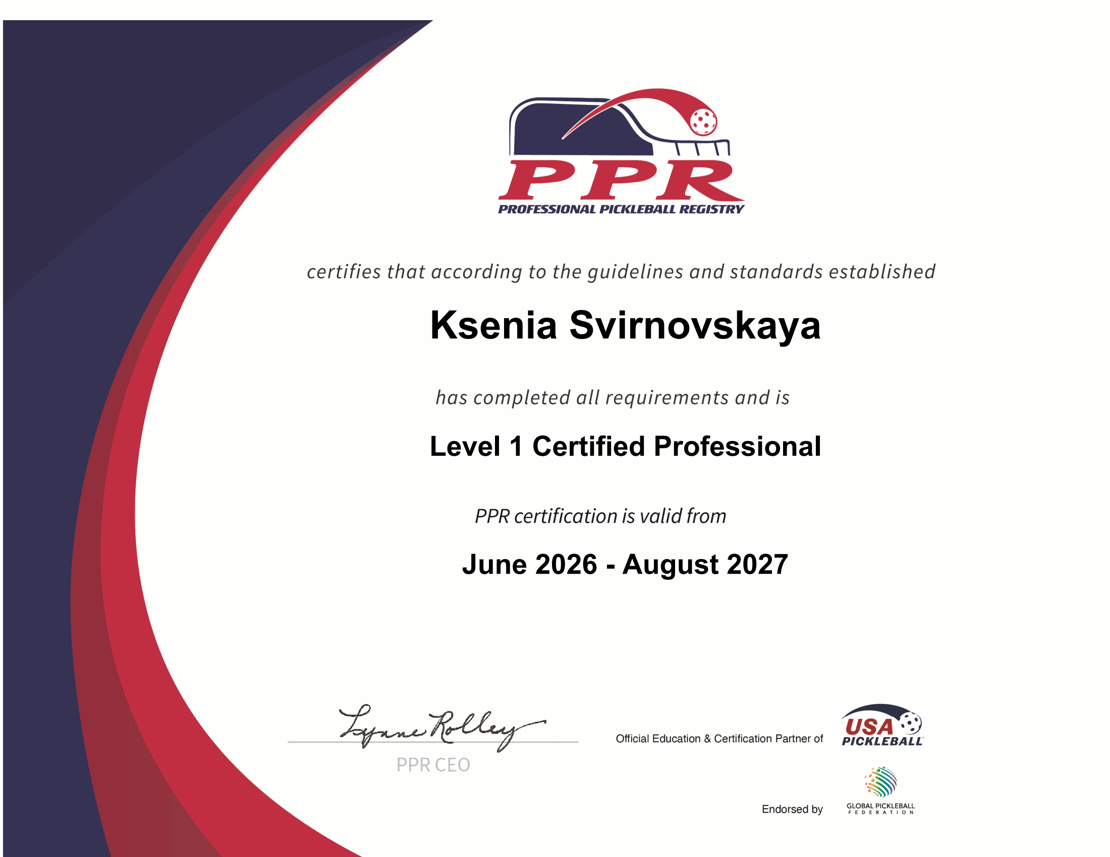 PPR Level 1 certificate for Ksenia Svirnovskaya