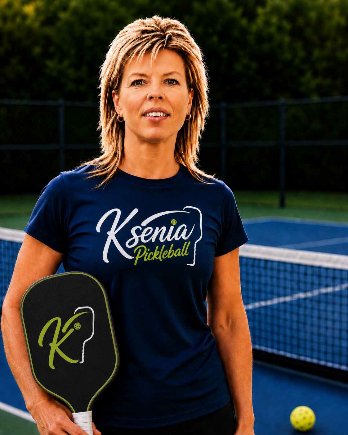 Ksenia, professional pickleball coach, holding a paddle on the court